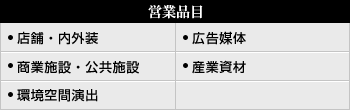 営業品目　店舗・内外装・商業施設・公共施設・環境空間演出・広告媒体・産業資材